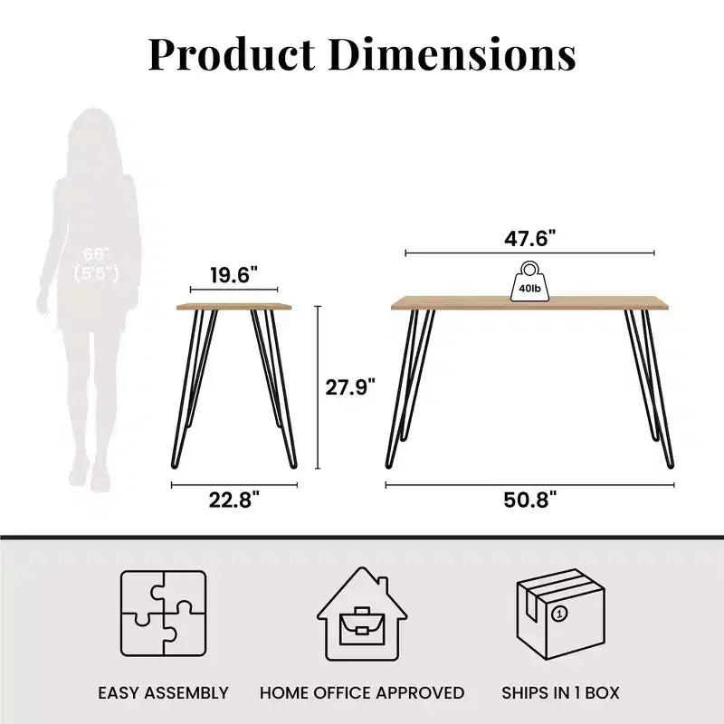 Escritorio, mesa de estudio moderna con tablero duradero de madera de ingeniería, patas metálicas tipo horquilla, estación de trabajo compacta para espacios pequeños