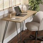 Escritorio, mesa de estudio moderna con tablero duradero de madera de ingeniería, patas metálicas tipo horquilla, estación de trabajo compacta para espacios pequeños