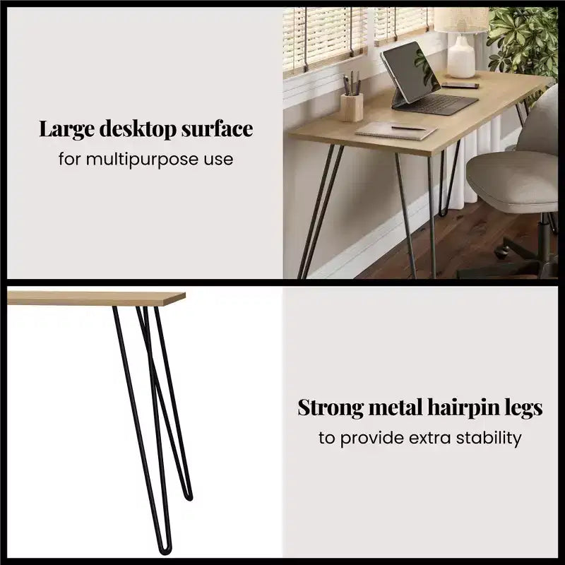 Escritorio, mesa de estudio moderna con tablero duradero de madera de ingeniería, patas metálicas tipo horquilla, estación de trabajo compacta para espacios pequeños