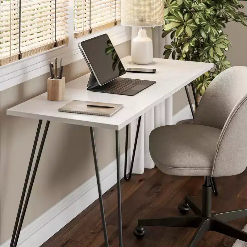 Escritorio, mesa de estudio moderna con tablero duradero de madera de ingeniería, patas metálicas tipo horquilla, estación de trabajo compacta para espacios pequeños