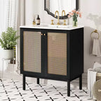 Mueble de baño de 30 pulgadas con puerta de ratán, cierre suave, apto para uso en baño