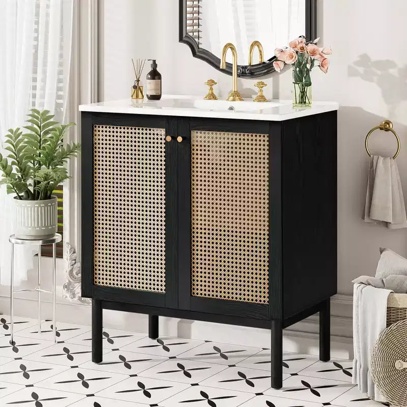 Mueble de baño de 30 pulgadas con puerta de ratán, cierre suave, apto para uso en baño