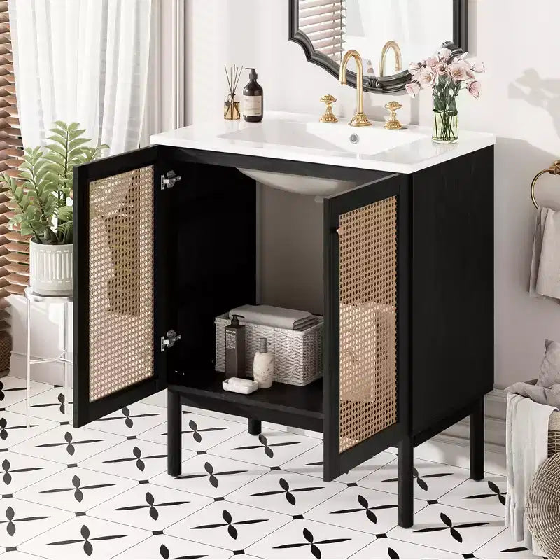 Mueble de baño de 30 pulgadas con puerta de ratán, cierre suave, apto para uso en baño
