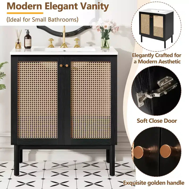 Mueble de baño de 30 pulgadas con puerta de ratán, cierre suave, apto para uso en baño