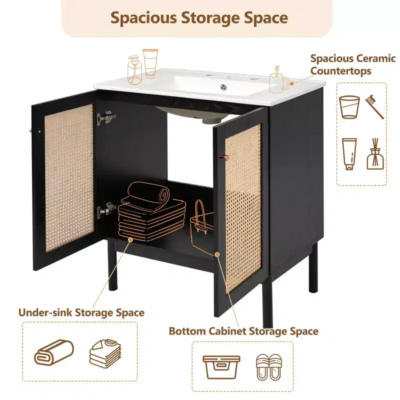 Mueble de baño de 30 pulgadas con puerta de ratán, cierre suave, apto para uso en baño