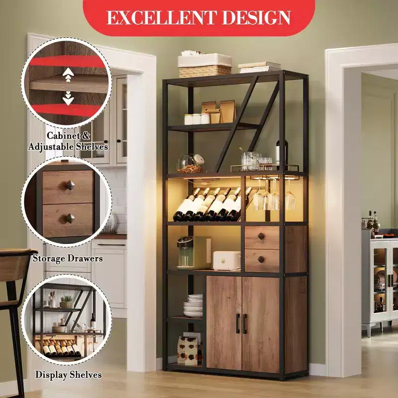 Mueble bar multiusos con soporte para copas, estantería alta de almacenamiento y mueble para microondas de cocina para usar en la sala de estar, el comedor o la cocina