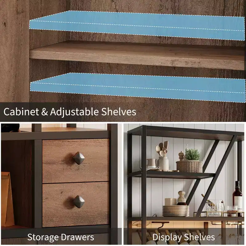 Mueble bar multiusos con soporte para copas, estantería alta de almacenamiento y mueble para microondas de cocina para usar en la sala de estar, el comedor o la cocina