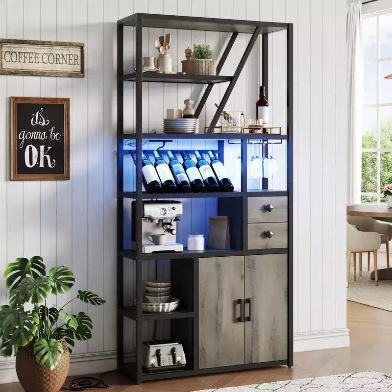 Mueble bar multiusos con soporte para copas, estantería alta de almacenamiento y mueble para microondas de cocina para usar en la sala de estar, el comedor o la cocina
