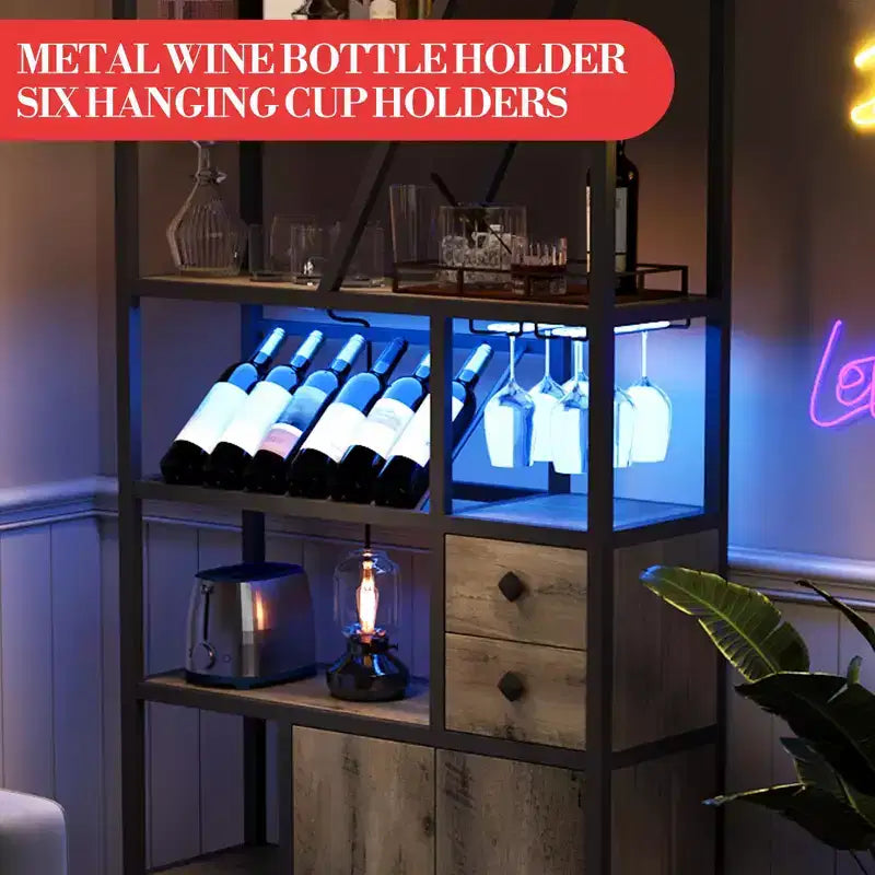Mueble bar multiusos con soporte para copas, estantería alta de almacenamiento y mueble para microondas de cocina para usar en la sala de estar, el comedor o la cocina