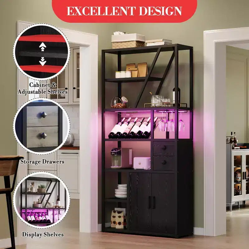 Mueble bar multiusos con soporte para copas, estantería alta de almacenamiento y mueble para microondas de cocina para usar en la sala de estar, el comedor o la cocina