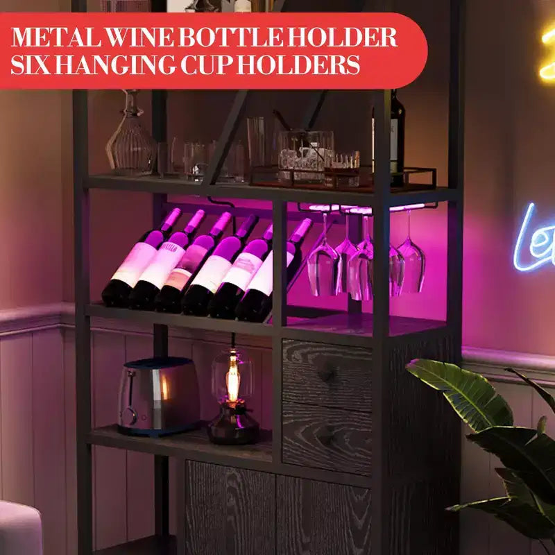 Mueble bar multiusos con soporte para copas, estantería alta de almacenamiento y mueble para microondas de cocina para usar en la sala de estar, el comedor o la cocina