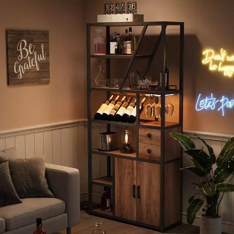 Mueble bar multiusos con soporte para copas, estantería alta de almacenamiento y mueble para microondas de cocina para usar en la sala de estar, el comedor o la cocina