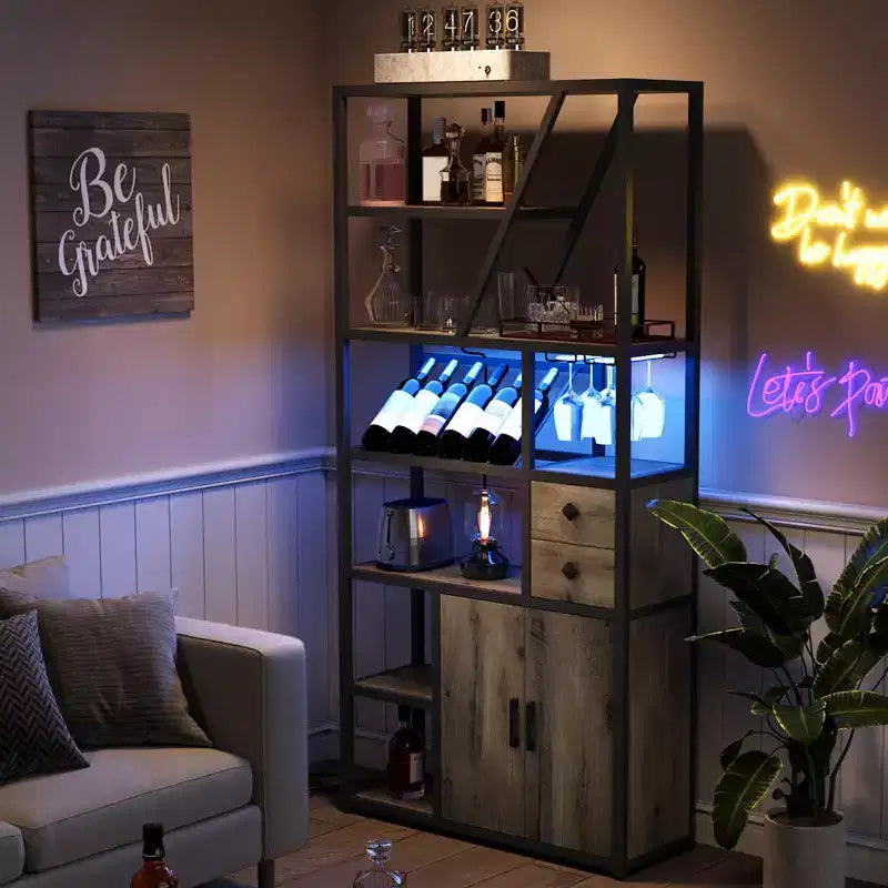 Mueble bar multiusos con soporte para copas, estantería alta de almacenamiento y mueble para microondas de cocina para usar en la sala de estar, el comedor o la cocina
