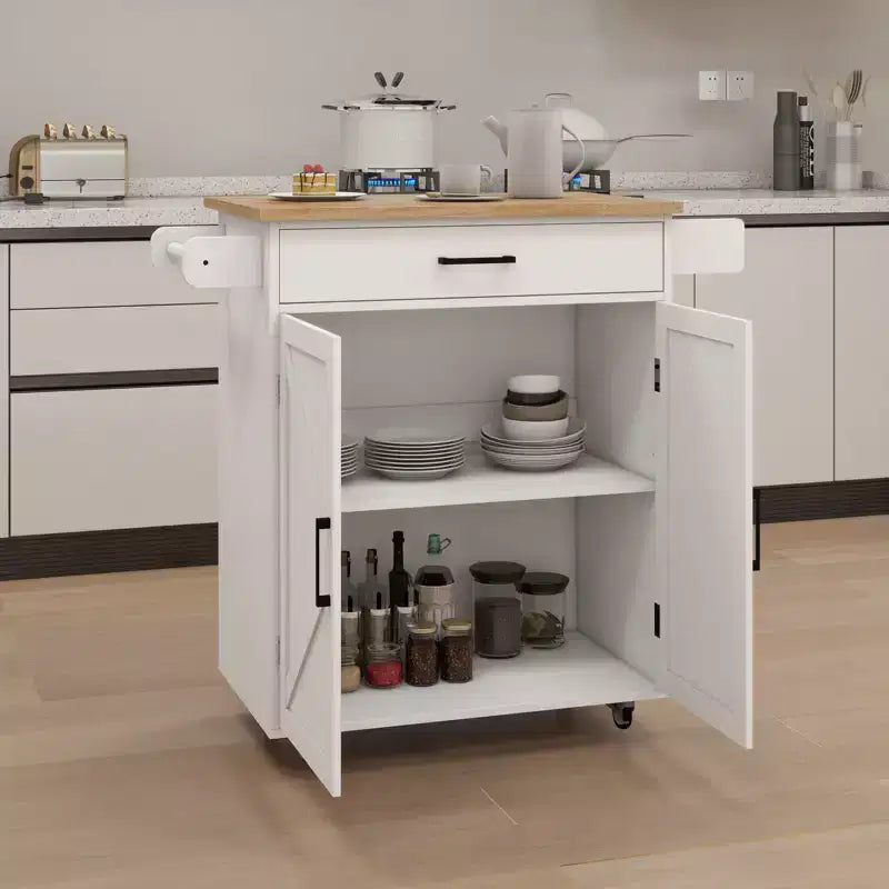 Carrito de cocina rodante con estantes ajustables, toallero y cubierta de madera para almacenamiento