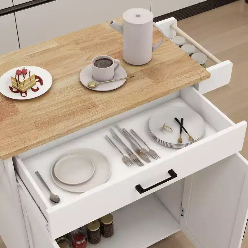 Carrito de cocina rodante con estantes ajustables, toallero y cubierta de madera para almacenamiento