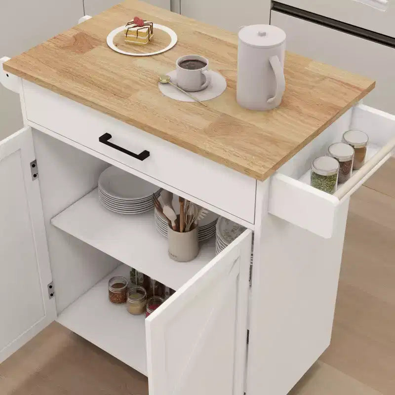 Carrito de cocina rodante con estantes ajustables, toallero y cubierta de madera para almacenamiento