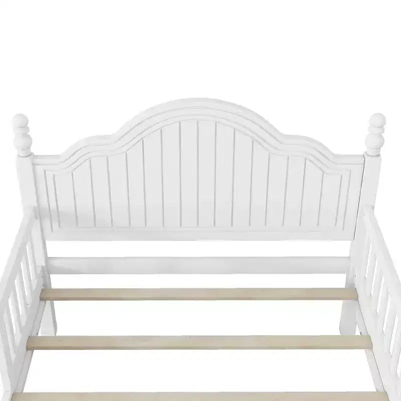 Marco de Cama Doble, Base de Cama de Madera con Cabecero y Piecero, Barandillas de Seguridad Perimetrales