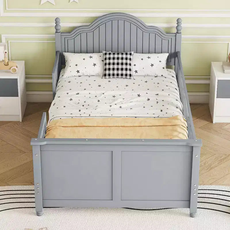 Marco de Cama Doble, Base de Cama de Madera con Cabecero y Piecero, Barandillas de Seguridad Perimetrales