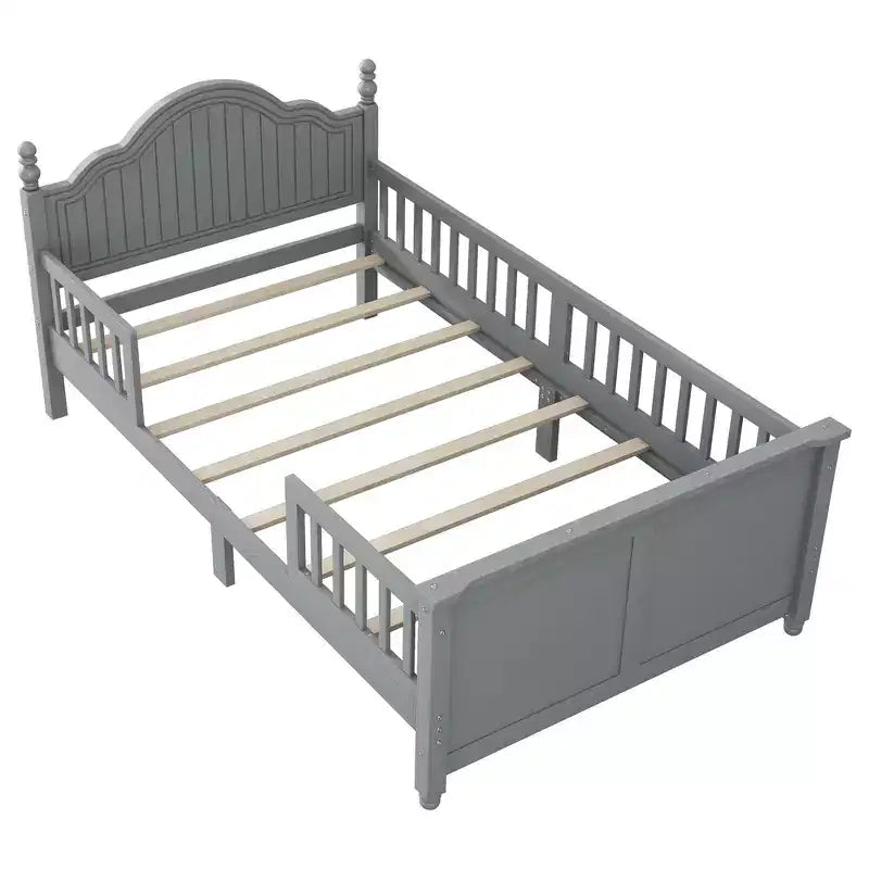 Marco de Cama Doble, Base de Cama de Madera con Cabecero y Piecero, Barandillas de Seguridad Perimetrales
