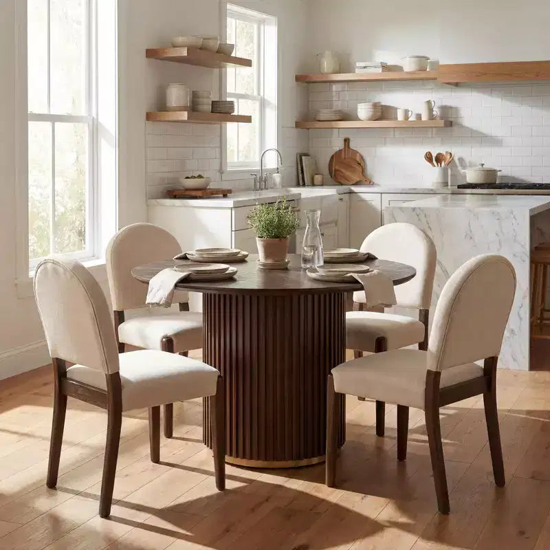Mesa de comedor moderna con sillas tapizadas de madera de caucho