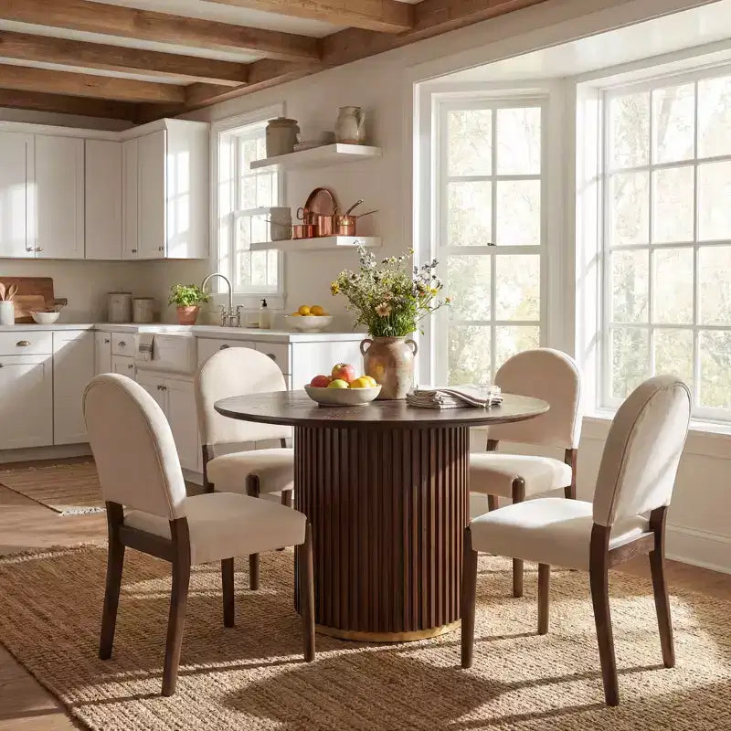 Mesa de comedor moderna con sillas tapizadas de madera de caucho
