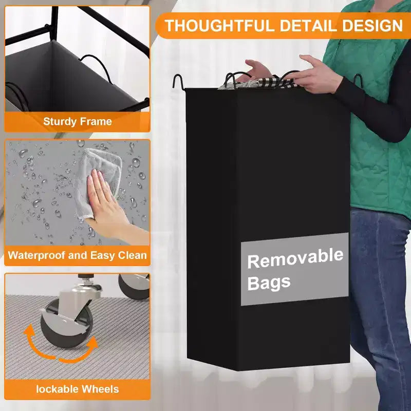 Cesto de ropa sucia resistente con 2 bolsas extraíbles de 40 L, gran capacidad, ruedas con bloqueo, cesto de ropa sucia rodante que ahorra espacio para ropa sucia