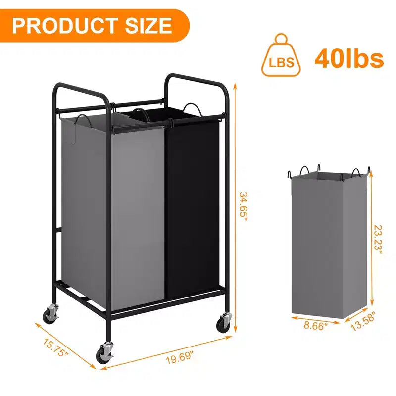 Cesto de ropa sucia resistente con 2 bolsas extraíbles de 40 L, gran capacidad, ruedas con bloqueo, cesto de ropa sucia rodante que ahorra espacio para ropa sucia