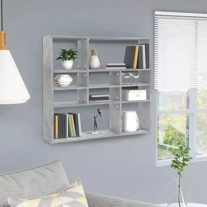 Estante de pared de hormigón gris de madera técnica, mediano, montado en la pared