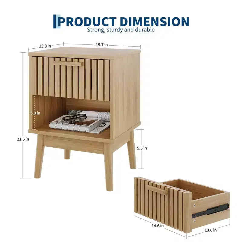 Mesitas de Noche Bohemias con Cajón a Rayas y Estante Abierto, Mesita Auxiliar de Madera Compacta para Dormitorio, Mesita Auxiliar para Espacios Pequeños en Dormitorio y Sala de Estar