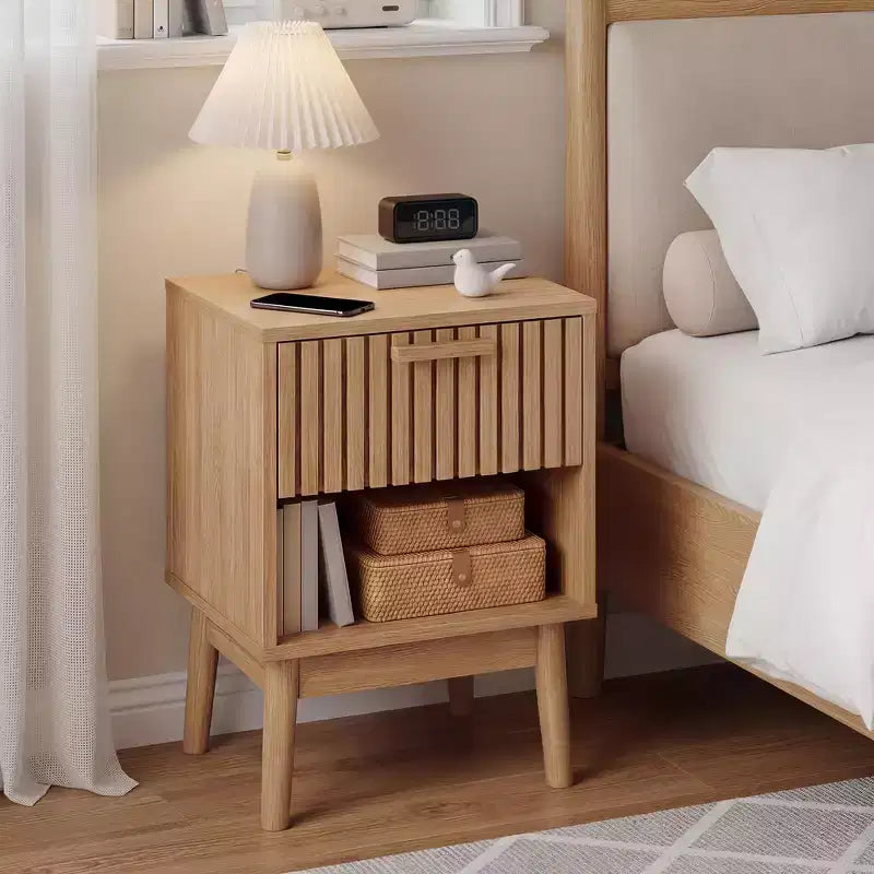Mesitas de Noche Bohemias con Cajón a Rayas y Estante Abierto, Mesita Auxiliar de Madera Compacta para Dormitorio, Mesita Auxiliar para Espacios Pequeños en Dormitorio y Sala de Estar