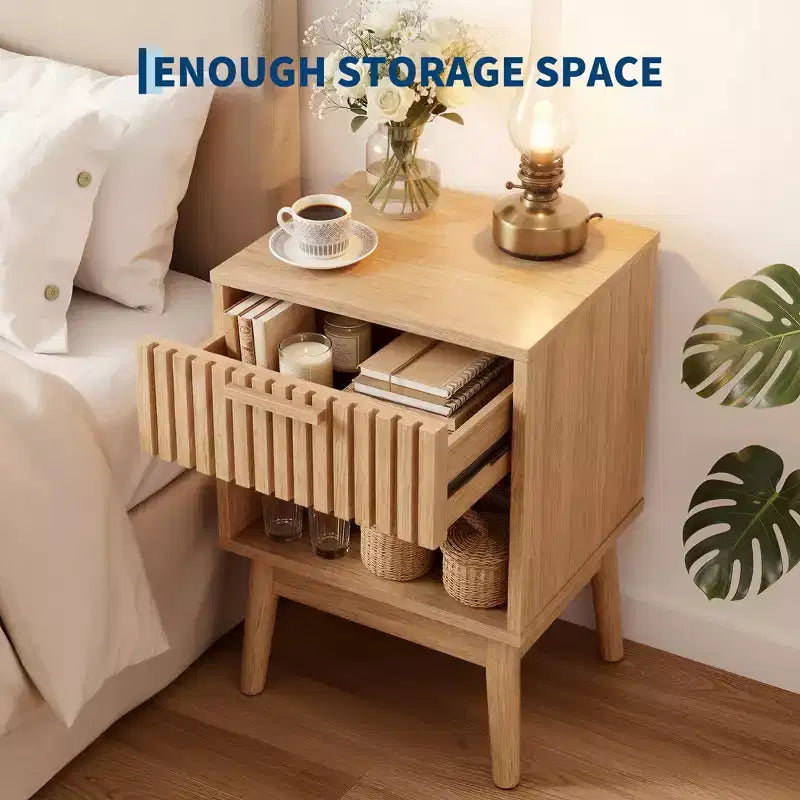 Mesitas de Noche Bohemias con Cajón a Rayas y Estante Abierto, Mesita Auxiliar de Madera Compacta para Dormitorio, Mesita Auxiliar para Espacios Pequeños en Dormitorio y Sala de Estar