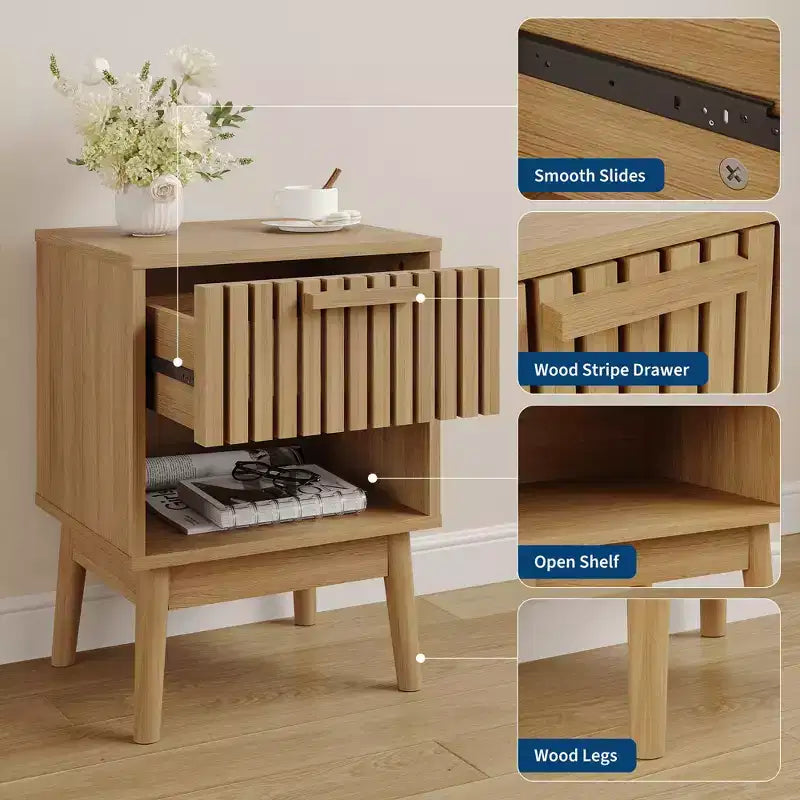 Mesitas de Noche Bohemias con Cajón a Rayas y Estante Abierto, Mesita Auxiliar de Madera Compacta para Dormitorio, Mesita Auxiliar para Espacios Pequeños en Dormitorio y Sala de Estar
