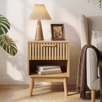 Mesitas de Noche Bohemias con Cajón a Rayas y Estante Abierto, Mesita Auxiliar de Madera Compacta para Dormitorio, Mesita Auxiliar para Espacios Pequeños en Dormitorio y Sala de Estar