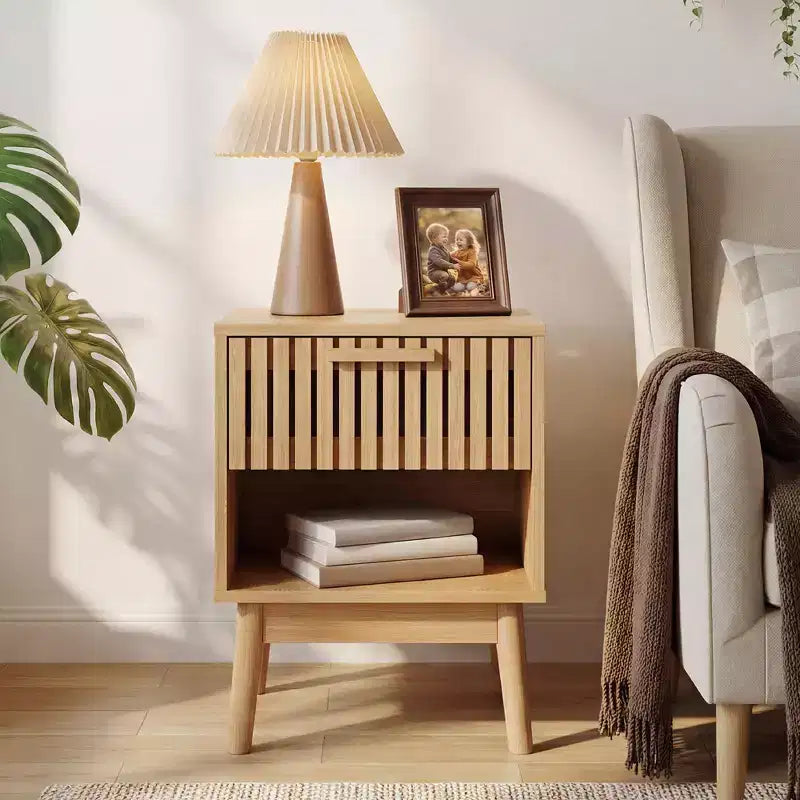 Mesitas de Noche Bohemias con Cajón a Rayas y Estante Abierto, Mesita Auxiliar de Madera Compacta para Dormitorio, Mesita Auxiliar para Espacios Pequeños en Dormitorio y Sala de Estar