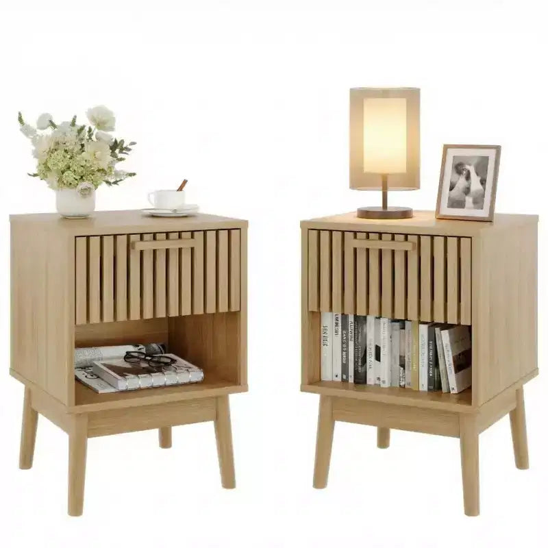 Mesitas de Noche Bohemias con Cajón a Rayas y Estante Abierto, Mesita Auxiliar de Madera Compacta para Dormitorio, Mesita Auxiliar para Espacios Pequeños en Dormitorio y Sala de Estar