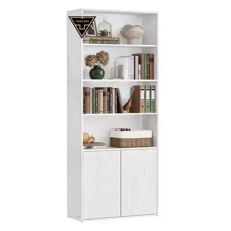 Estantería alta, montaje súper rápido sin herramientas, librería de 6 niveles de pie con estantes y puerta ajustables, blanco nieve