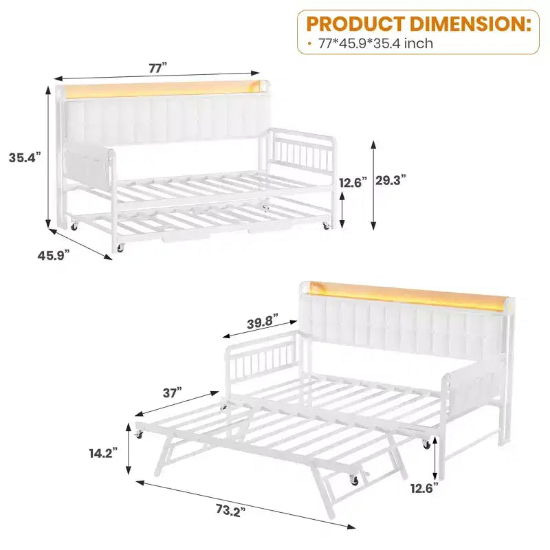 Cama nido doble con cama extraíble, sofá cama tapizado con luz LED, estación de carga y cabecero con almacenamiento, listones de metal de alta resistencia