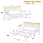 Cama nido doble con cama extraíble, sofá cama tapizado con luz LED, estación de carga y cabecero con almacenamiento, listones de metal de alta resistencia