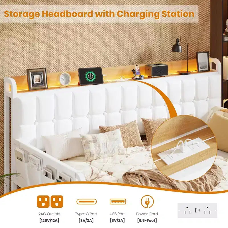 Cama nido doble con cama extraíble, sofá cama tapizado con luz LED, estación de carga y cabecero con almacenamiento, listones de metal de alta resistencia
