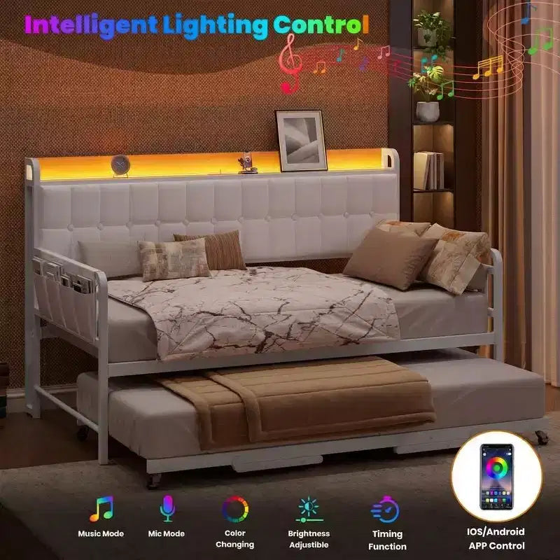 Cama nido doble con cama extraíble, sofá cama tapizado con luz LED, estación de carga y cabecero con almacenamiento, listones de metal de alta resistencia
