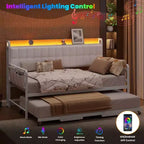 Cama nido doble con cama extraíble, sofá cama tapizado con luz LED, estación de carga y cabecero con almacenamiento, listones de metal de alta resistencia
