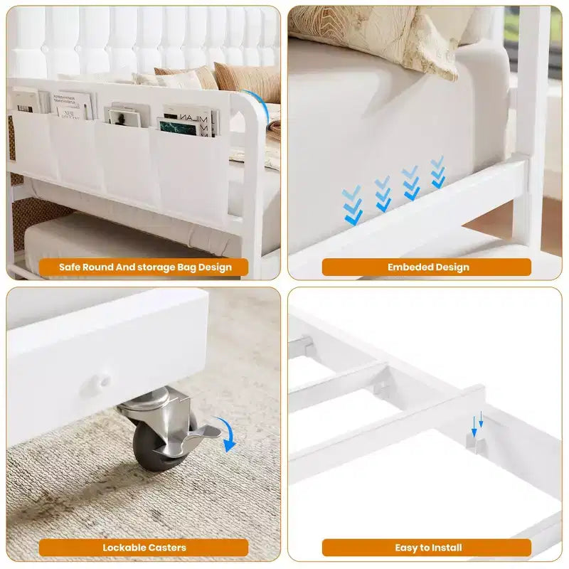 Cama nido doble con cama extraíble, sofá cama tapizado con luz LED, estación de carga y cabecero con almacenamiento, listones de metal de alta resistencia