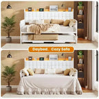 Cama nido doble con cama extraíble, sofá cama tapizado con luz LED, estación de carga y cabecero con almacenamiento, listones de metal de alta resistencia