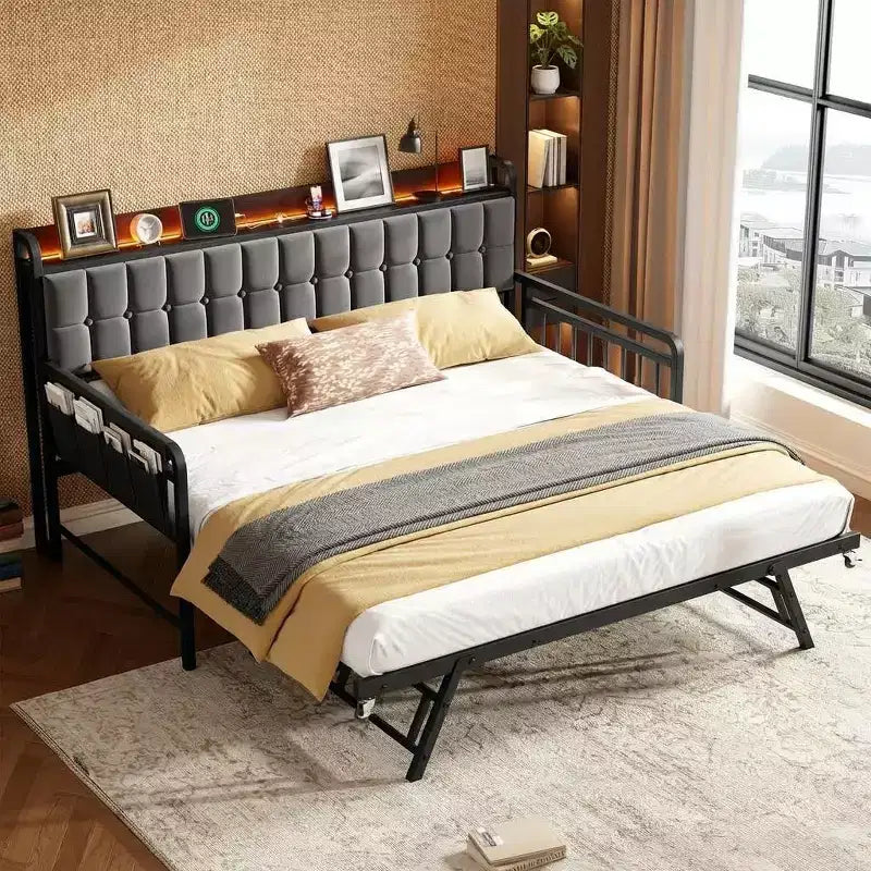 Cama nido doble con cama extraíble, sofá cama tapizado con luz LED, estación de carga y cabecero con almacenamiento, listones de metal de alta resistencia