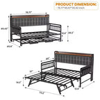 Cama nido doble con cama extraíble, sofá cama tapizado con luz LED, estación de carga y cabecero con almacenamiento, listones de metal de alta resistencia
