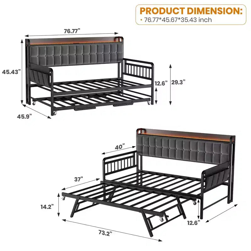 Cama nido doble con cama extraíble, sofá cama tapizado con luz LED, estación de carga y cabecero con almacenamiento, listones de metal de alta resistencia