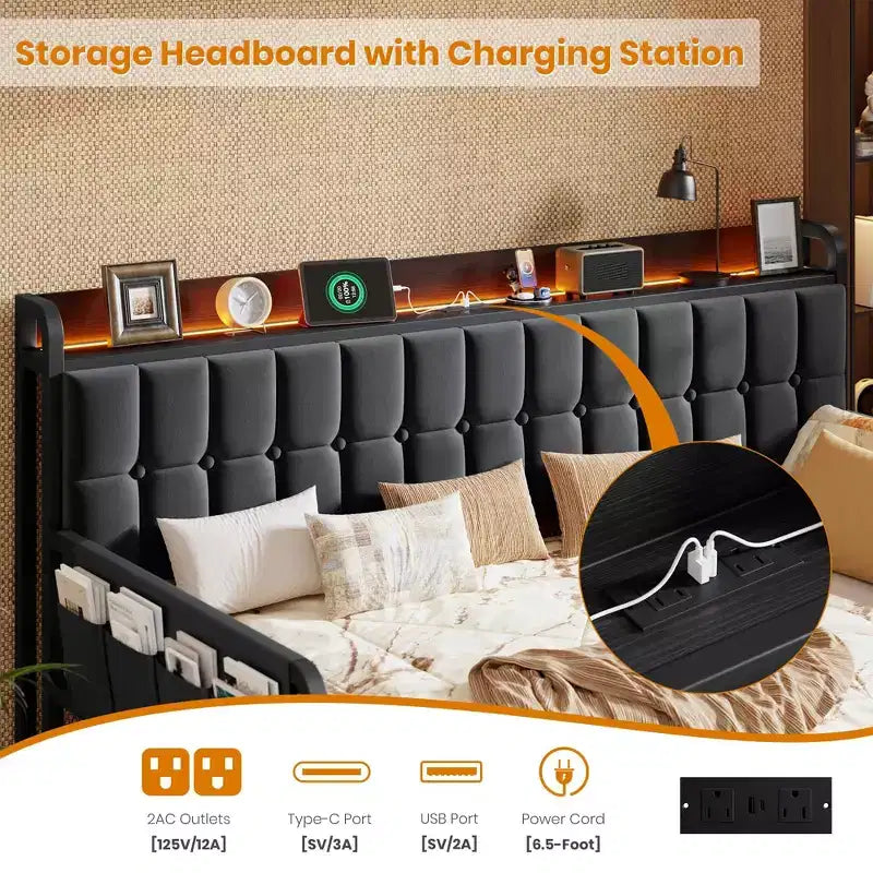 Cama nido doble con cama extraíble, sofá cama tapizado con luz LED, estación de carga y cabecero con almacenamiento, listones de metal de alta resistencia