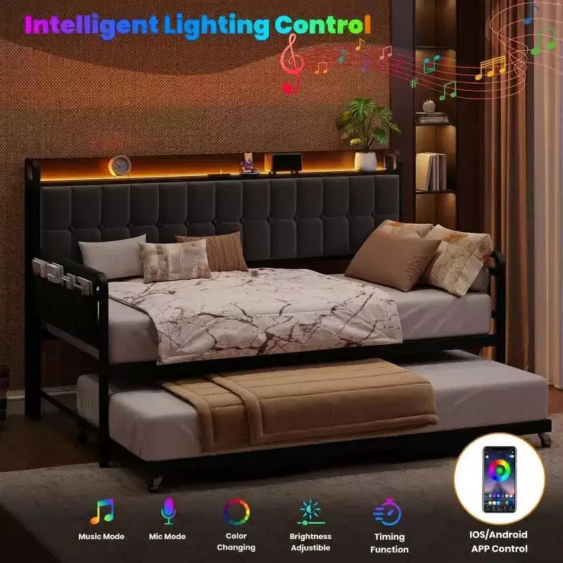 Cama nido doble con cama extraíble, sofá cama tapizado con luz LED, estación de carga y cabecero con almacenamiento, listones de metal de alta resistencia