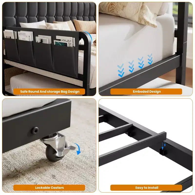 Cama nido doble con cama extraíble, sofá cama tapizado con luz LED, estación de carga y cabecero con almacenamiento, listones de metal de alta resistencia