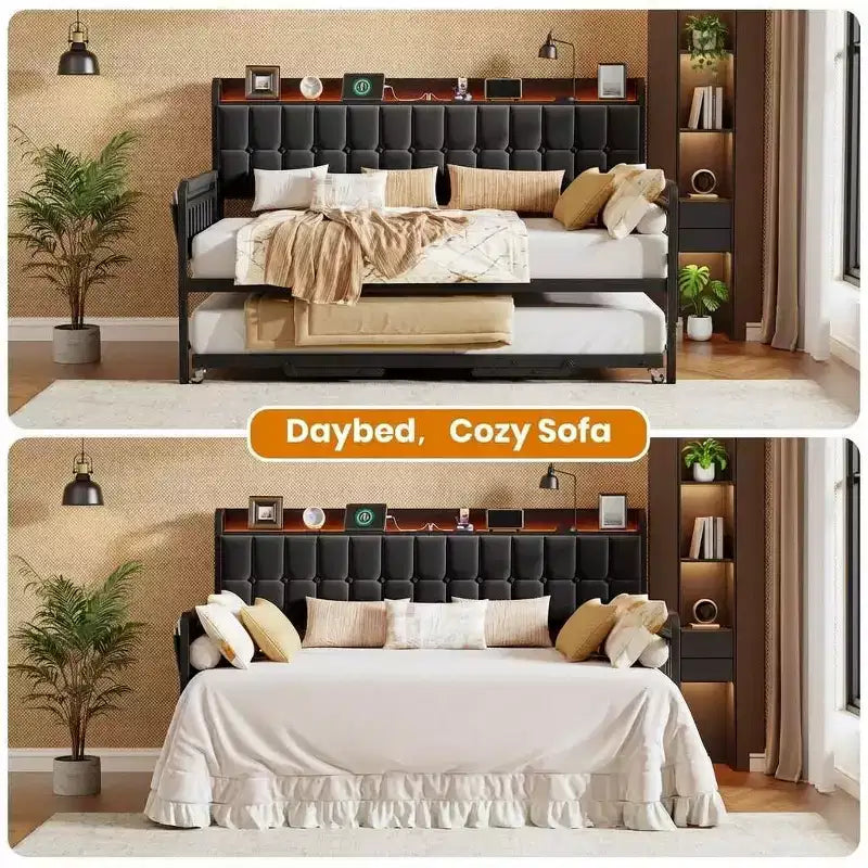Cama nido doble con cama extraíble, sofá cama tapizado con luz LED, estación de carga y cabecero con almacenamiento, listones de metal de alta resistencia